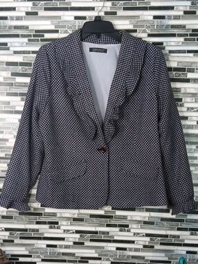 Jared Ross August Silk Co Blazer Ruffed V Neck Black Lavender Career Business